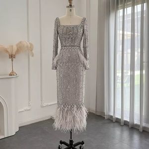 Silver sequin sparkly feather prom dress